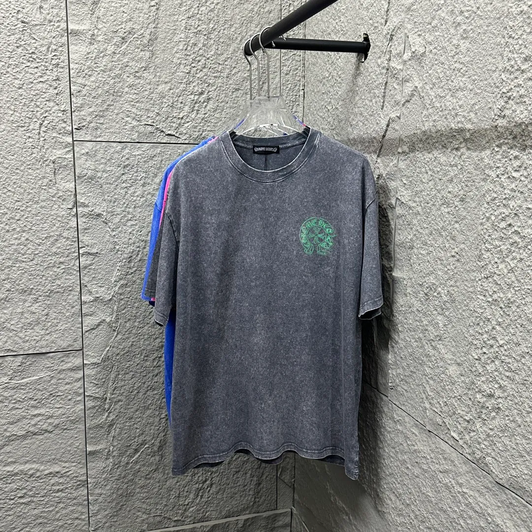 🅿️180 CH* Crow Heart* 2025 spring and summer new style Snowflake distressed washed retro round neck short sleeves Chest and front logo Horseshoe print Customized fabric Short-sleeved T-shirt Unisex Size: S M L XL XXL Color: Snowflake Black Snowflake Gray Snowflake Pink Snowflake Blue